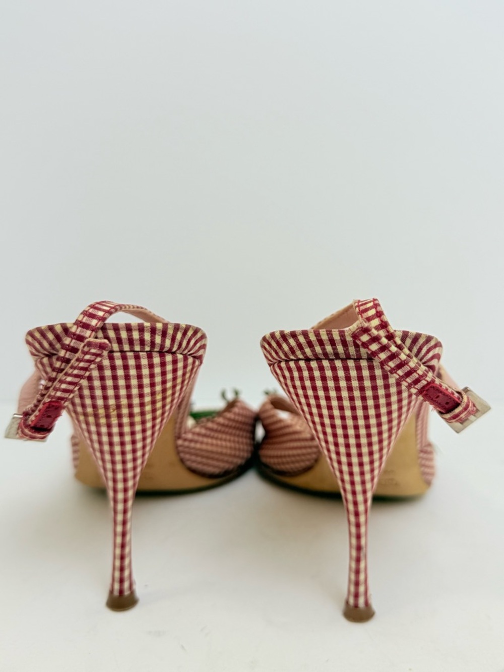 Prada Vintage 2000s Gingham Floral Appliqué Slingback Heels 37.5 Red Kitten Heel - Picture 6 of 10